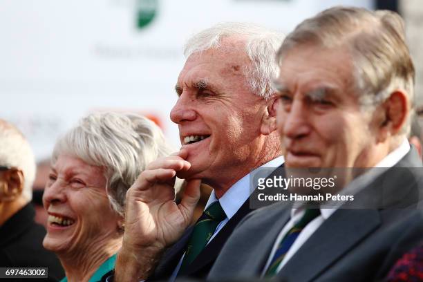Former All Blacks players Stan Meads and Sir Colin Meads are seen at the unveiling of a new statue of Sir Colin Meads on June 19, 2017 in Te Kuiti,...
