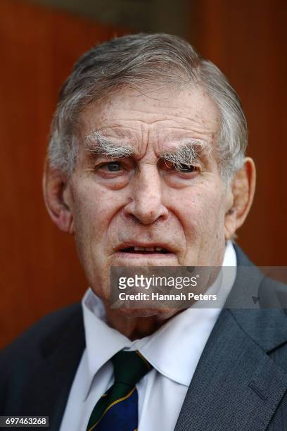 Former All Blacks player Sir Colin Meads speaks at the unveiling of a new statue of himself on June 19, 2017 in Te Kuiti, New Zealand. The 1.5 x life...
