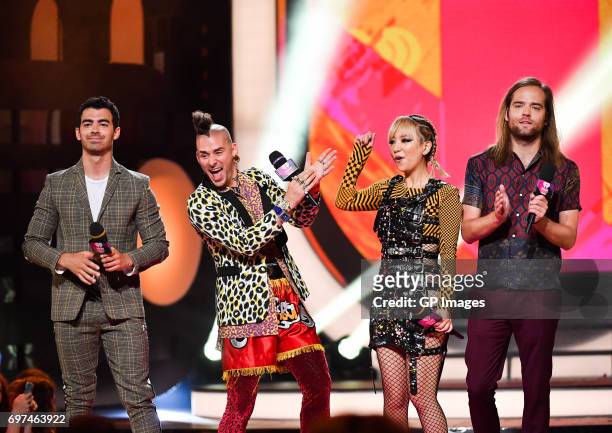 Joe Jonas, Cole Whittle, JinJoo Lee and Jack Lawless of DNCE present at the 2017 iHeartRADIO MuchMusic Video Awards at MuchMusic HQ on June 18, 2017...