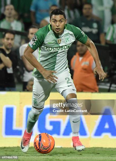 Daniel Bocanegra of Nacional plays the balll during the Final second leg match between Atletico Nacional and Deportivo Cali as part of Liga Aguila I...