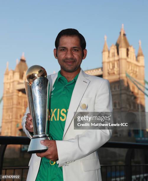 Sarfraz Ahmed, Captain of Pakistan pictured with the ICC Champions Trophy during a photocall after winning the Final of the ICC Champions Trophy on...