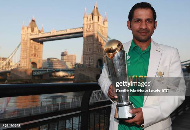 Sarfraz Ahmed, Captain of Pakistan pictured with the ICC Champions Trophy during a photocall after winning the Final of the ICC Champions Trophy on...