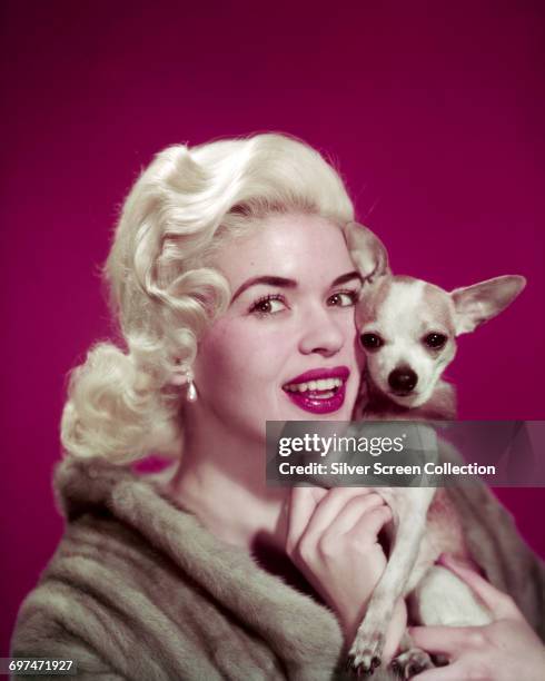 American actress Jayne Mansfield with a chihuahua, circa 1955.