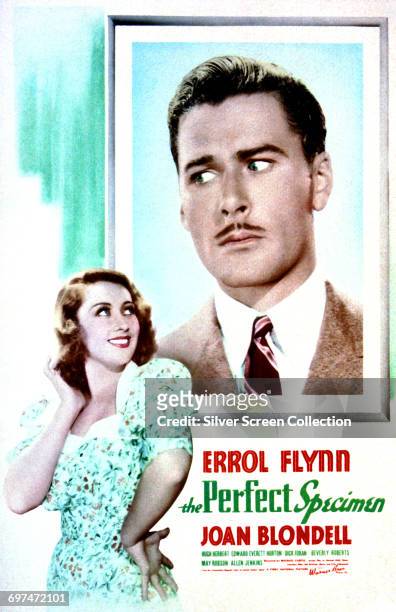 Actors Errol Flynn as Gerald Beresford Wicks and Joan Blondell as Mona Carter on a poster for the Warner Bros. Film 'The Perfect Specimen', 1937.