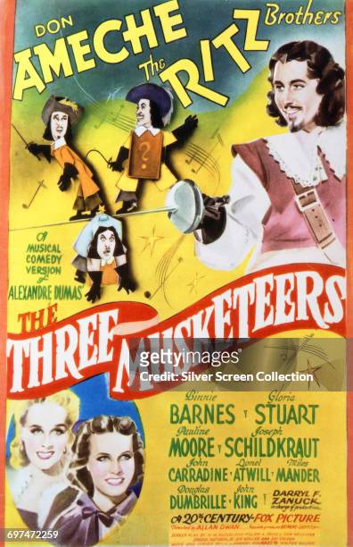 Actors Don Ameche as D'Artagnan, the Ritz Brothers as the Three Lackeys, Pauline Moore as Lady Constance and Gloria Stuart as Queen Anne on a poster...
