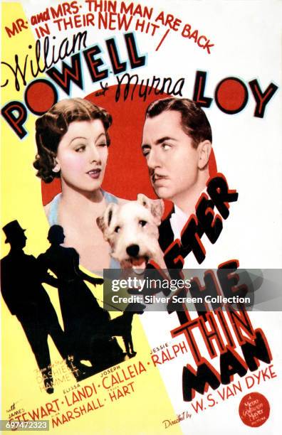 Actors William Powell as Nick Charles and Myrna Loy as Nora Charles on a poster for the Metro-Goldwyn-Mayer film 'After the Thin Man', 1936.