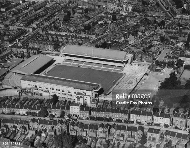 An aerial view of the Highbury Stadium football ground, home to the Arsenal football club and the streets and houses surrounding it in North London...