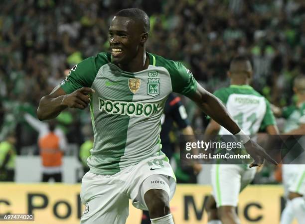 Rodin Quiñones of Atletico Nacional celebrates after scoring the fifth goal of his team during the Final second leg match between Atletico Nacional...