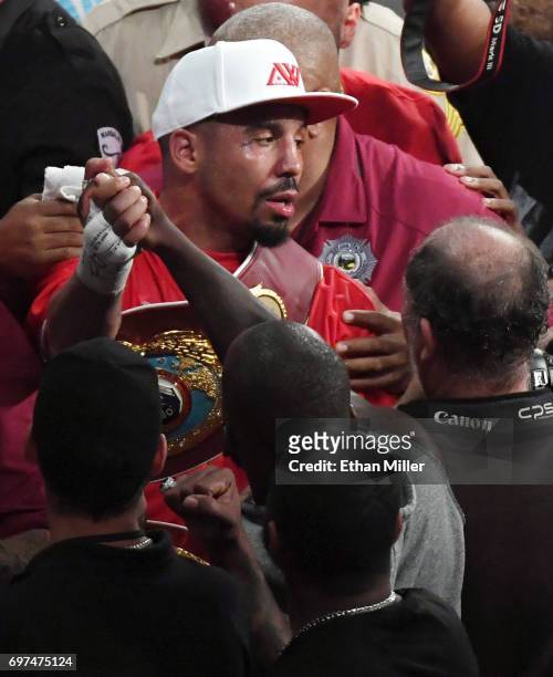 Andre Ward leaves the ring after he retained his WBA/IBF/WBO titles with an eighth-round TKO against Sergey Kovalev in their light heavyweight...
