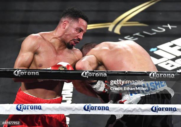 Andre Ward hits Sergey Kovalev with a left in the eighth round of their light heavyweight championship bout at the Mandalay Bay Events Center on June...