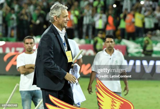 Reinaldo Rueda coach of Nacional smiles after winning the Final second leg match between Atletico Nacional and Deportivo Cali as part of Liga Aguila...