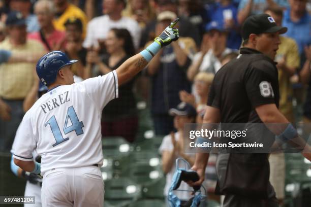 Milwaukee Brewers left fielder Hernan Perez points to family following a home run during a game between the Milwaukee Brewers and the San Diego...