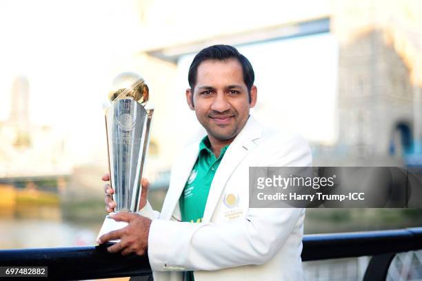 Sarfraz Ahmed, Captain of Pakistan poses with the trophy during the ICC Champions Trophy - Post Final Photocall at Tower Bridge on June 19, 2017 in...