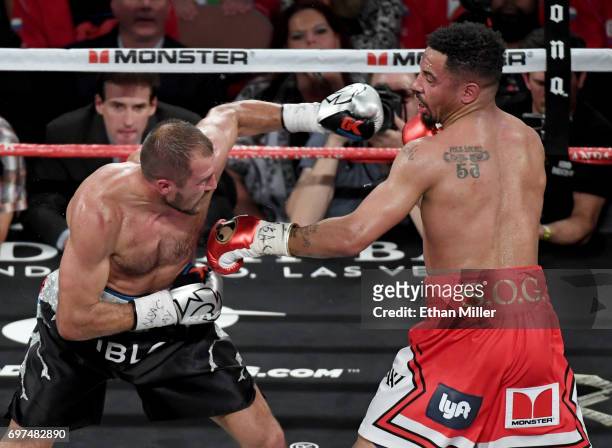 Sergey Kovalev throws a left at Andre Ward in the seventh round of their light heavyweight championship bout at the Mandalay Bay Events Center on...