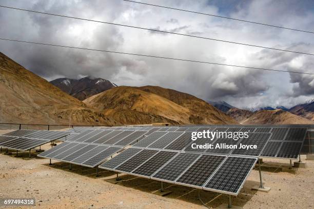 Solar panels are seen in Yarat village on June 14, 2017 in Ladakh, India. The cold desert of Ladakh has been known as the roof of the world and...