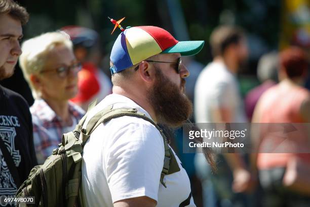 Man with braids in his beard and a party hat is seen at the summer opening festival in Myslecinek park on 18 June, 2017.