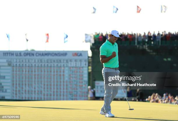 Brooks Koepka of the United States reacts after finishing on the 18th green during the final round of the 2017 U.S. Open at Erin Hills on June 18,...