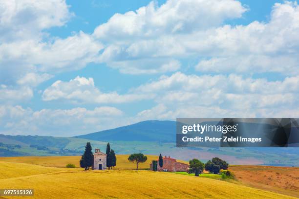 tuscan landscape with the capella di vitaleta in the summer - capella di vitaleta - fotografias e filmes do acervo