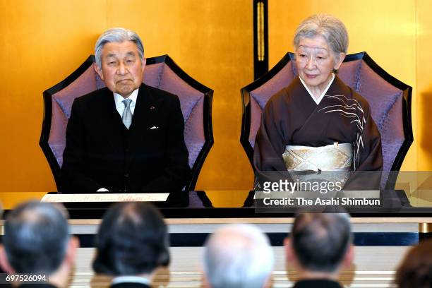 Emperor Akihito and Empress Michiko attend the Japan Art Academy Award Ceremony on June 19, 2017 in Tokyo, Japan.