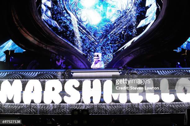Producer Marshmello performs during the 21st annual Electric Daisy Carnival at Las Vegas Motor Speedway on June 18, 2017 in Las Vegas, Nevada.