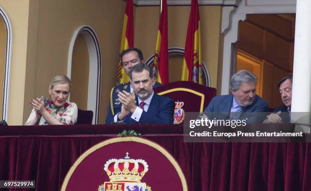 Cristina Cifuentes, King Felipe and Ignacio Mendez de Vigo attend La Beneficiencia Bullfighting at Las Ventas Bullring on June 16, 2017 in Madrid,...