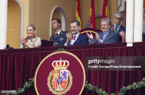 Cristina Cifuentes, King Felipe and Ignacio Mendez de Vigo attend La Beneficiencia Bullfighting at Las Ventas Bullring on June 16, 2017 in Madrid,...