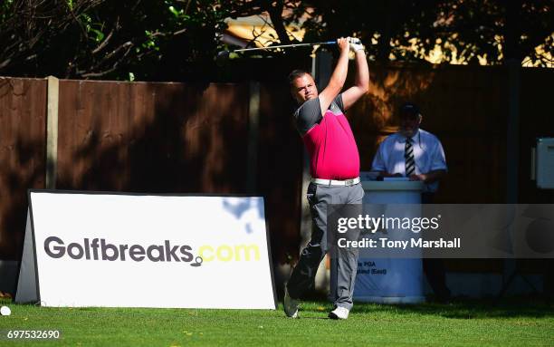 James Tinworth of Marriott Hanbury Manor Golf Club plays his first shot on the 2nd tee during the Golfbreaks.com PGA Fourball Championship East...