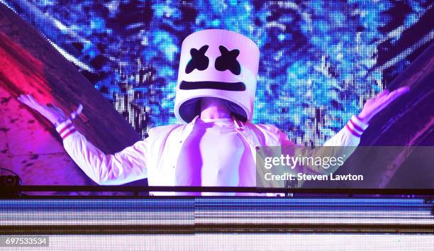 Producer Marshmello performs during the 21st annual Electric Daisy Carnival at Las Vegas Motor Speedway on June 18, 2017 in Las Vegas, Nevada.