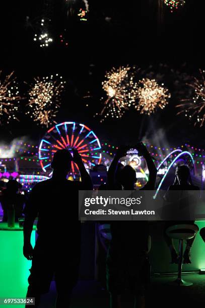 Fireworks explode during the 21st annual Electric Daisy Carnival at Las Vegas Motor Speedway on June 19, 2017 in Las Vegas, Nevada.