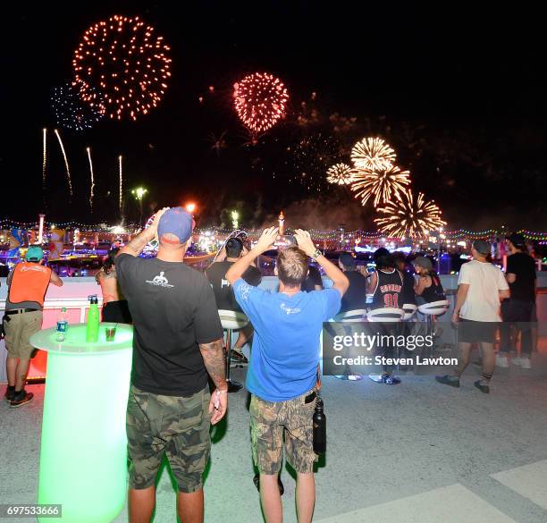 Fireworks explode during the 21st annual Electric Daisy Carnival at Las Vegas Motor Speedway on June 19, 2017 in Las Vegas, Nevada.