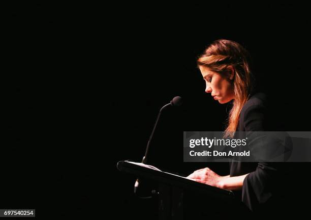 Brooke Satchwell announces nominees during the Helpmann Awards 2017 Nomination Announcement at Roslyn Packer Theatre on June 19, 2017 in Sydney,...