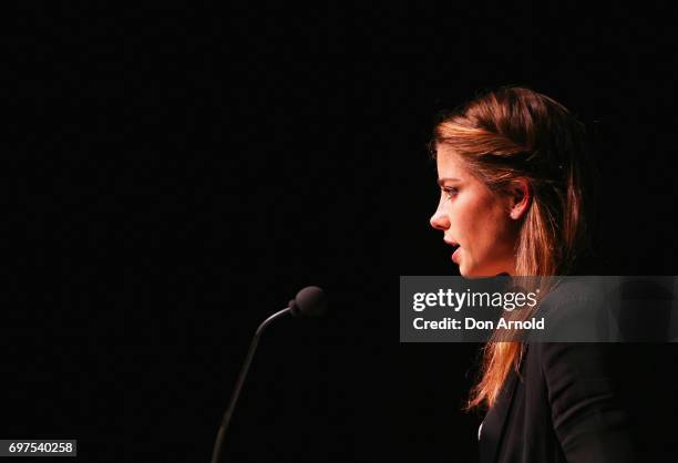 Brooke Satchwell announces nominees during the Helpmann Awards 2017 Nomination Announcement at Roslyn Packer Theatre on June 19, 2017 in Sydney,...