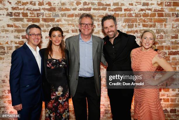 Luke Rogers, Brooke Satchwell, Jonathan Biggins, Luke Joslin and Elise McCann pose during the Helpmann Awards 2017 Nomination Announcement at Roslyn...