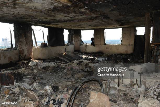 This handout image supplied by the London Metropolitan Police Service on June 18, 2017 shows an interior view of a fire damaged flat in Grenfell...