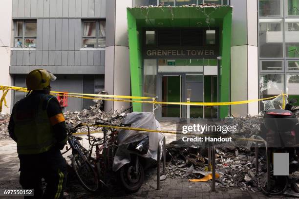 This handout image supplied by the London Metropolitan Police Service on June 18, 2017 shows the entrance to Grenfell Tower in West London, England....