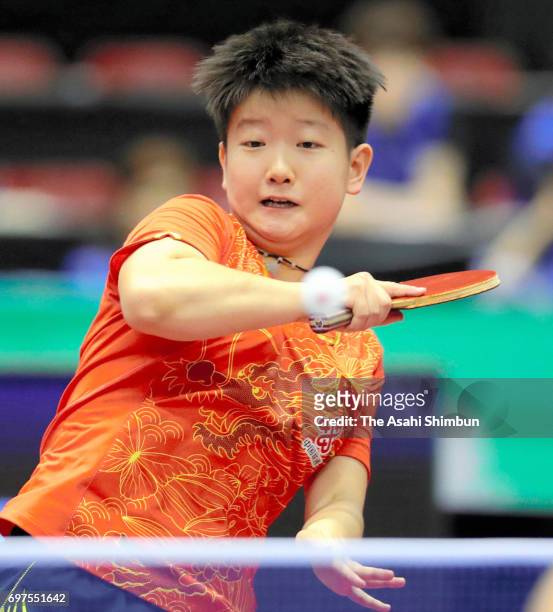 Yingsha Sun of China competes during the women's singles final match against Chen Meng of China on day five of the 2017 ITTF World Tour Platinum Lion...