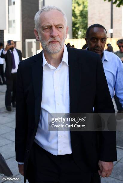 Labour leader Jeremy Corbyn visits the scene of a terror attack in Finsbury Park in the early hours of this morning, on June 19, 2017 in London,...