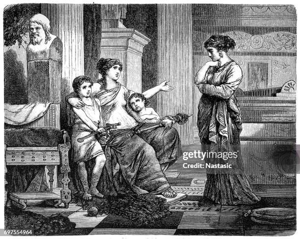 ilustraciones, imágenes clip art, dibujos animados e iconos de stock de cornelia, la madre de los gracos, mostrando a sus hijos como sus joyas - roma antigua