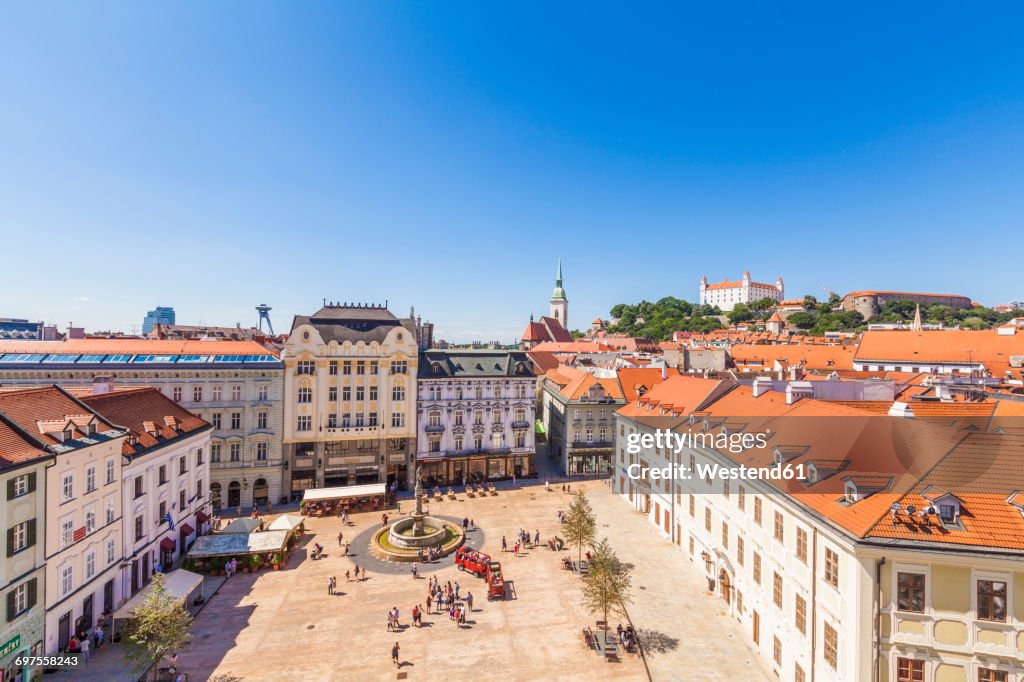 Slovakia, Bratislava, view to main place with Maximilan Fountain at the old town from above