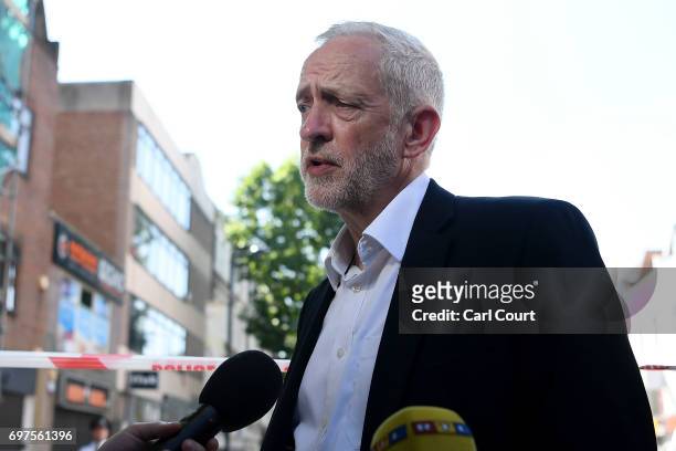 Labour leader Jeremy Corbyn visits the scene of a terror attack in Finsbury Park in the early hours of this morning, on June 19, 2017 in London,...