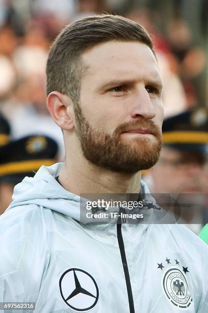 Shkodran Mustafi of Germany looks on during the FIFA 2018 World Cup Qualifier between Germany and San Marino at Stadion Nuernberg on June 10, 2017 in...