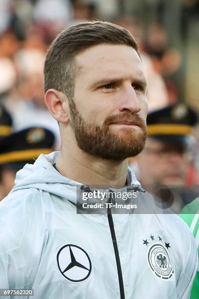 Shkodran Mustafi of Germany looks on during the FIFA 2018 World Cup Qualifier between Germany and San Marino at Stadion Nuernberg on June 10, 2017 in...