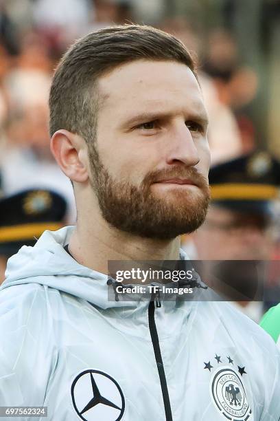 Shkodran Mustafi of Germany looks on during the FIFA 2018 World Cup Qualifier between Germany and San Marino at Stadion Nuernberg on June 10, 2017 in...