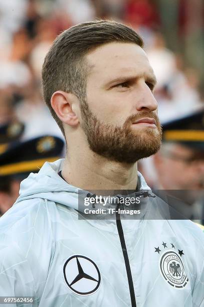 Shkodran Mustafi of Germany looks on during the FIFA 2018 World Cup Qualifier between Germany and San Marino at Stadion Nuernberg on June 10, 2017 in...