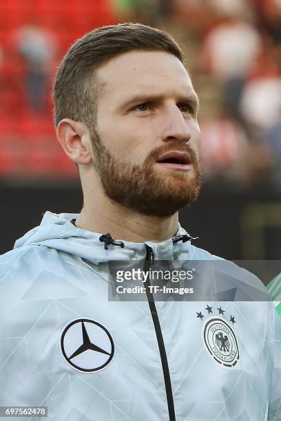 Shkodran Mustafi of Germany looks on during the FIFA 2018 World Cup Qualifier between Germany and San Marino at Stadion Nuernberg on June 10, 2017 in...
