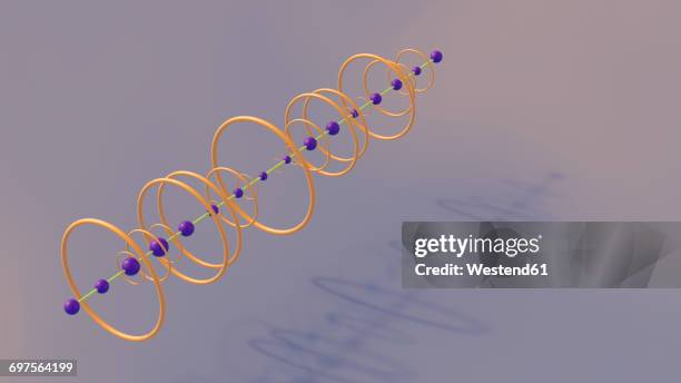 3d rendering, green line with purple spheres running through orange circles - hovering stock illustrations