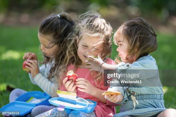 girls in garden sharing lunch - 子供のみ ストックフォトと画像