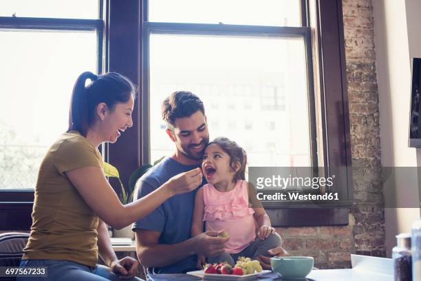 mother and father feeding their little daughter in kitchen - young family in kitchen stock pictures, royalty-free photos & images