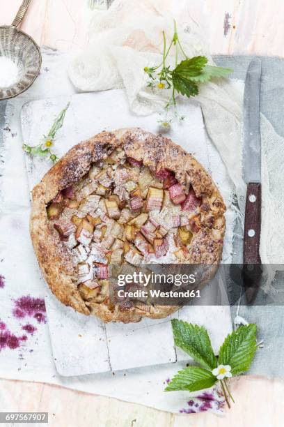 galette, crusty french cake, with rhubarb filling - rhubarb photos et images de collection