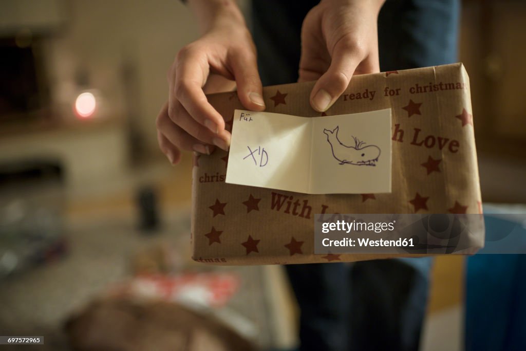 Gift giving at Christmas eve, hands holding present